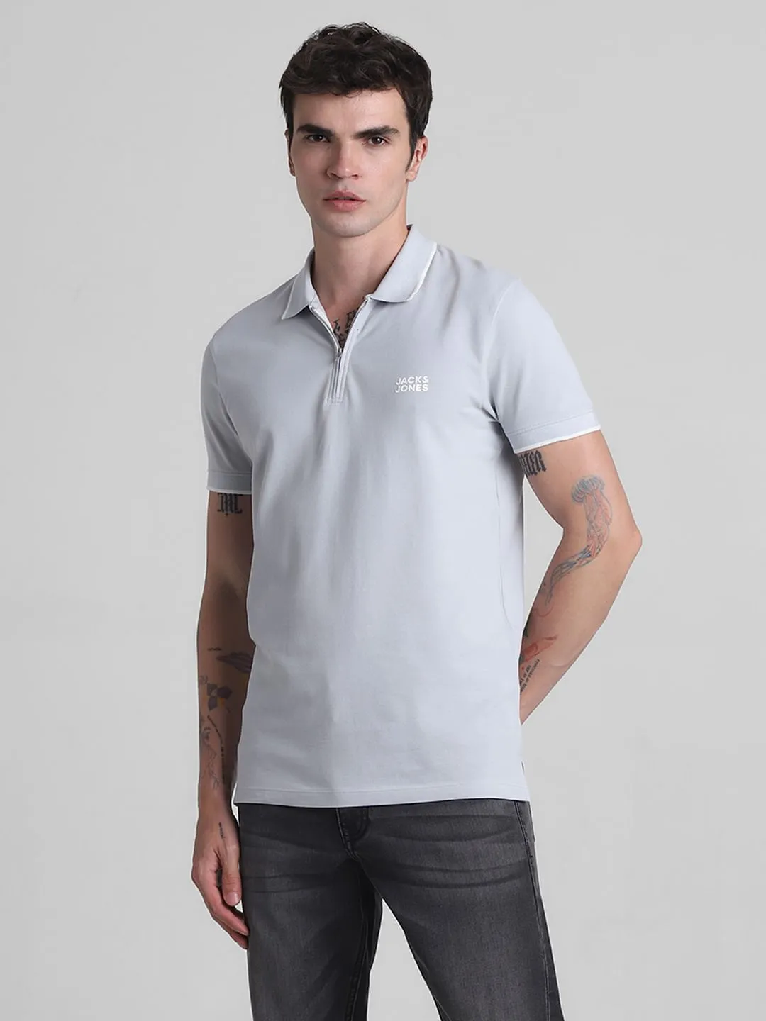 Grey Zip Detail Polo T-shirt