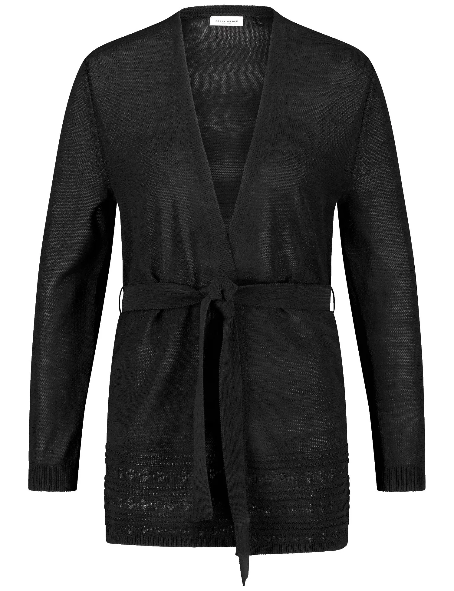 Open cardigan with crocheted details and a tie-around belt