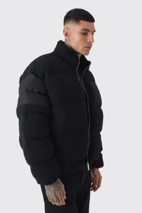 Tall Borg & Nylon Funnel Neck Puffer Jacket In Black
